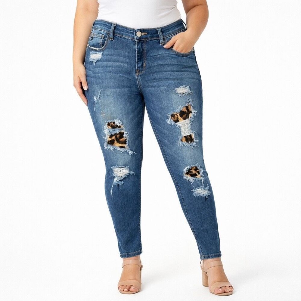 Judy Blue Leopard Patch Skinny Jeans Mid Rise Distressed Stretch Denim 11/30